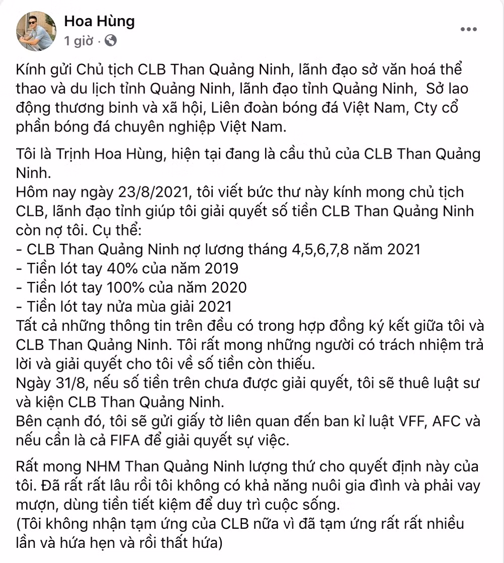 Cầu thủ tiếp tục đòi nợ, dọa kiện câu lạc bộ Than Quảng Ninh ảnh 1