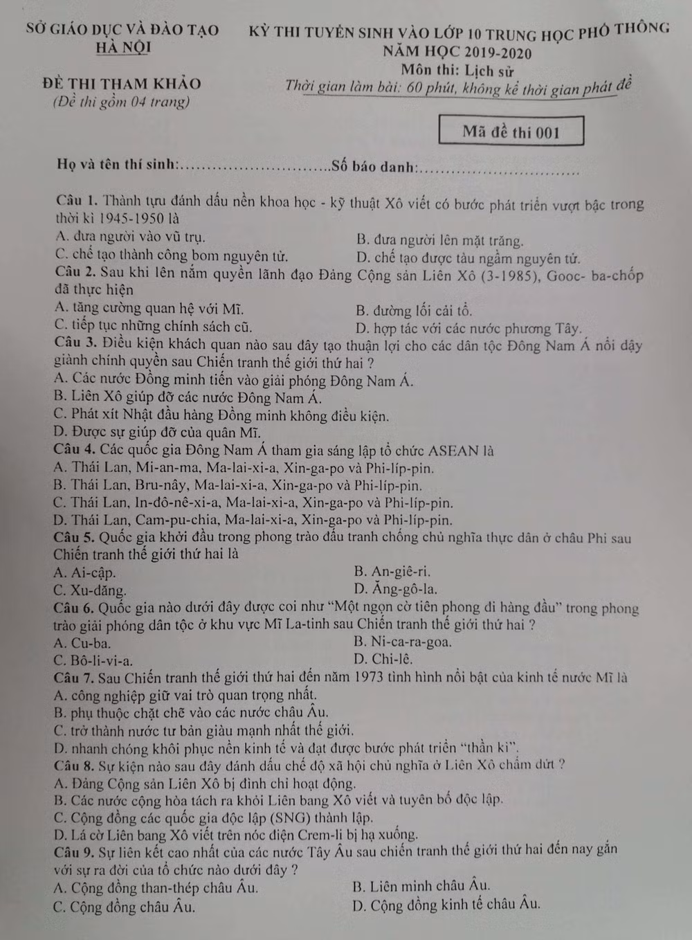Đề thi minh họa vào lớp 10 môn Lịch sử của Sở Giáo dục Hà Nội ảnh 2