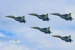 Màn trình diễn của máy bay tiêm kích Su-30MK2 trên bầu trời Hà Nội. (Ảnh: TTXVN)