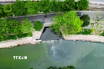 Điểm đầu sông Tô Lịch (đoạn đường Bưởi) nước cống ngầm từ phía Phan Kế Bính xả thẳng nước sinh hoạt chưa qua xử lý. (Ảnh: Lê Đông/TTXVN)