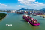 Tàu ONE EAGLE thuộc tuyến dịch vụ mới do Liên minh Premier khai thác tại Cảng Quốc tế Tân Cảng-Cái Mép. (Ảnh: TTXVN phát)