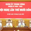 Tổng Bí thư Tô Lâm và các đồng chí Ủy viên Bộ Chính trị: Chủ tịch nước Lương Cường, Thủ tướng Phạm Minh Chính và Đại tướng Phan Văn Giang, Phó Bí thư Quân ủy Trung ương, Bộ trưởng Bộ Quốc phòng chủ trì hội nghị. (Ảnh: Thống Nhất/TTXVN)
