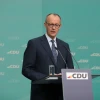 Lãnh đạo đảng Dân chủ/Xã hội Cơ đốc giáo (CDU/CSU) của Đức Friedrich Merz phát biểu trong cuộc họp báo tại Berlin ngày 24/2. (Ảnh: THX/TTXVN)