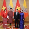 Chủ tịch nước Lương Cường và Phu nhân đón Quốc vương Bhutan Jigme Khesar Namgyel Wangchuck và Hoàng hậu dự tiệc chiêu đãi. (Ảnh: Lâm Khánh/TTXVN)