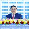 Thủ tướng Phạm Minh Chính phát biểu tại Lễ kỷ niệm 30 năm thành lập Đại học Quốc gia Thành phố Hồ Chí Minh. (Ảnh: Dương Giang/TTXVN)