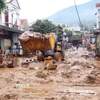Máy xúc được huy động để hỗ trợ san gạt, thu gom bùn đất, cành cây, rác bị tràn về trong đợt lũ vừa qua tại xã Sông Mã. (Ảnh: Quang Quyết/TTXVN)