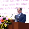 Thủ tướng Phạm Minh Chính phát biểu tại Hội nghị toàn quốc Tổng kết Chương trình mục tiêu quốc gia phát triển kinh tế-xã hội vùng đồng bào dân tộc thiểu số. (Ảnh: Dương Giang/TTXVN)