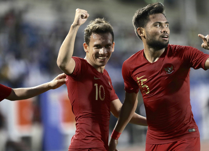 U22 Indonesia và chung kết sau trận thắng U22 Myanmar. (Ảnh: Hoàng Linh/TTXVN)