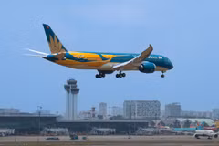 Vietnam Airlines chính thức ra mắt chiếc máy bay Boeing 787-9 Dreamliner mang số hiệu VN-A868 với thiết kế đặc biệt, nổi bật hình ảnh chim Lạc. (Ảnh: PV/Vietnam+)
