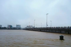 Nước lũ chạm dầm cầu Châu Ổ trên Quốc lộ 1 tại tỉnh Quảng Ngãi, lực lượng chức năng đã tiến hành cấm xe đi qua cầu. (Ảnh: PV/Vietnam+)