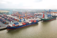 Bốc xếp dỡ hàng hóa container tại một cảng biển của VIMC. (Ảnh: PV/Vietnam+)