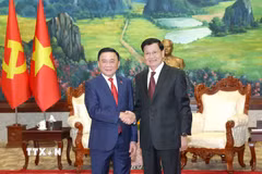 Thường trực Ban Bí thư Trần Cẩm Tú hội kiến Tổng Bí thư, Chủ tịch nước Lào Thongloun Sisoulith. (Ảnh: Phương Hoa/TTXVN)