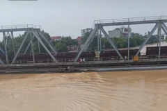 Đoàn tàu chở hàng nặng 300 tấn được bố trí án ngữ trên cầu đường sắt sông Thương để đối phó nước lũ trước nguy cơ cuốn trôi cầu. (Ảnh: PV/Vietnam+)