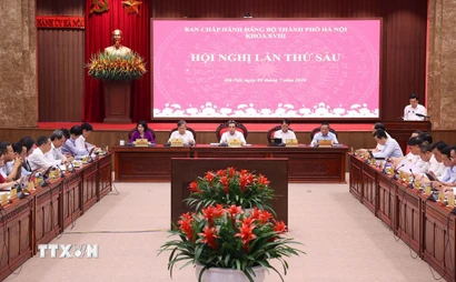 Hội nghị lần thứ sáu Ban Chấp hành Đảng bộ thành phố Hà Nội khóa XVIII. (Ảnh: Văn Điệp/TTXVN)