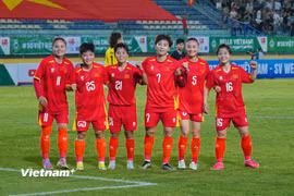 Đội tuyển Nữ Việt Nam ăn mừng bàn thắng trong trận giao hữu với Câu lạc bộ Nữ Werder Bremen. (Ảnh: Việt Anh/Vietnam+)