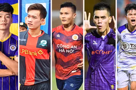 Thành Chung, Hoàng Đức, Quang Hải, Tiến Linh và Tuấn Hải (từ trái sang) là những cái tên góp mặt trong danh sách rút gọn cho Giải thưởng Quả bóng Vàng Việt Nam 2024.