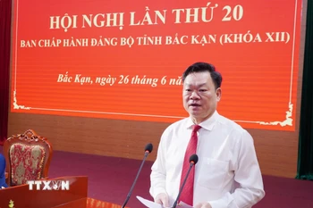 Ủy viên Ban Chấp hành Trung ương Đảng, Bí thư Tỉnh ủy Bắc Kạn Hoàng Duy Chinh phát biểu tại hội nghị. (Ảnh: Nguyễn Công Hải/TTXVN)