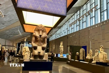 Du khách tham quan bên trong khu trưng bày của Đại bảo tàng Ai Cập. (Ảnh: Nguyễn Trường/TTXVN)