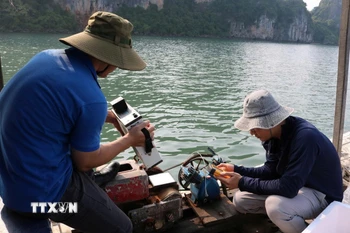Nhóm nghiên cứu lấy mẫu nước biển tại Vịnh Hạ Long và Cửa Lục. (Ảnh: Diệu Thúy/TTXVN)