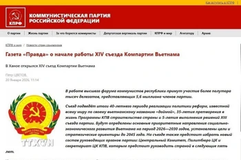 Báo Đảng Cộng sản Liên bang Nga (kprf.ru) đưa tin về Đại hội lần thứ 14 của Đảng Cộng sản Việt Nam, đánh giá cao những thành tựu phát triển đã đạt được và mục tiêu mà Việt Nam đề ra trong Đại hội XIV. (Ảnh chụp màn hình)
