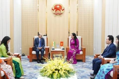 Bí thư Tỉnh ủy Quảng Ngãi Bùi Thị Quỳnh Vân tiếp Đại sứ Ấn Độ Sandeep Arya. (Ảnh: TTXVN phát)