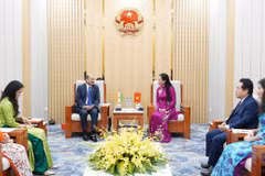 Bí thư Tỉnh ủy Quảng Ngãi Bùi Thị Quỳnh Vân tiếp Đại sứ Ấn Độ Sandeep Arya. (Ảnh: TTXVN phát)