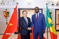 Chủ tịch Quốc hội Trần Thanh Mẫn hội kiến Thủ tướng Senegal Ousmane Sonko. (Ảnh: Doãn Tấn/TTXVN)