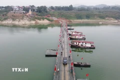 Câu phao qua sông Lô được vận hành lại từ 15 giờ ngày 24/2/2026 để phục vị nhân dân đi lại. (Ảnh: Nguyễn Thảo/TTXVN)