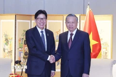 Tổng Bí thư Tô Lâm tiếp Thị trưởng thành phố Busan Park Heong-joon. (Ảnh: Thống Nhất/TTXVN)