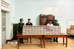 Lê Hùng Cường và Nguyễn Hoàng Tuấn cùng tang vật bị thu giữ tại cơ quan chức năng. (Nguồn: TTXVN phát)