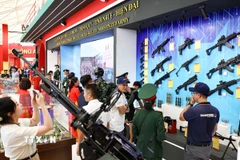 Gian trưng bày của Bộ Quốc phòng tại triển lãm thành tựu Đất nước "80 năm hành trình Độc lập - Tự do - Hạnh phúc". (Ảnh: Thanh Tùng/TTXVN)