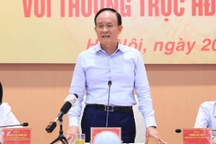 Chủ tịch Hội đồng Nhân dân thành phố Hà Nội, Phó Trưởng đoàn Đại biểu Quốc hội thành phố Hà Nội Nguyễn Ngọc Tuấn phát biểu tại hội nghị. (Ảnh: TTXVN phát)