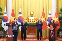 TTổng Bí thư, Chủ tịch nước Tô Lâm và Tổng thống Hàn Quốc Lee Jae Myung chứng kiến lễ trao Bản ghi nhớ về hợp tác trong lĩnh vực an toàn thực phẩm, dược phẩm, mỹ phẩm và trang thiết bị y tế giữa Bộ Y tế Việt Nam và Bộ An toàn thực phẩm, dược phẩm Hàn Quốc. (Ảnh: Thống Nhất/TTXVN)