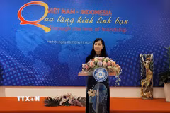 Chủ tịch Hội Nghệ sỹ Nhiếp ảnh Việt Nam Trần Thị Thu Đông phát biểu khai mạc. (Ảnh: Phương Thanh/TTXVN)