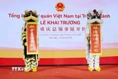 Màn biểu diễn Lân chào mừng tại Lễ khai trương. (Ảnh: Công Tuyên/TTXVN)