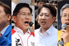 Các ứng viên tranh cử Tổng thống Hàn Quốc (từ trái sang): Lee Jae-myung của đảng Dân chủ Tự do, Kim Moon-soo thuộc đảng Quyền lực Nhân dân, Lee Jun-seok của đảng Cách tân mới và Kwon Young-kook của đảng Công lý. (Ảnh: YONHAP/TTXVN)
