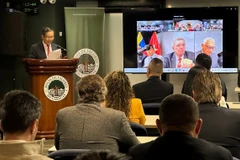 Đại sứ Vũ Trung Mỹ phát biểu khai mạc Diễn đàn doanh nghiệp VIệt Nam Venezuela 2025. (Ảnh: TTXVN phát)