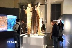 Du khách thăm quan các hiện vật được trưng bày tại Bảo tàng Ai Cập Turin. (Ảnh: Thanh Hải/TTXVN)