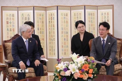 Chủ tịch Ủy ban Trung ương Mặt trận Tổ quốc Việt Nam Đỗ Văn Chiến gặp Thủ tướng Hàn Quốc Kim Min-seok. (Ảnh Khánh Vân/TTXVN)