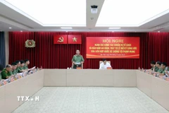 Hội nghị đánh giá công tác chuẩn bị tổ chức và bảo đảm an ninh, trật tự Lễ mở ký Công ước của Liên hợp quốc về chống tội phạm mạng. (Ảnh: Phạm Kiên/TTXVN)