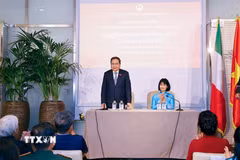 Chủ tịch Quốc hội Trần Thanh Mẫn nói chuyện với cán bộ Đại sứ quán và đại diện cộng đồng người Việt Nam tại Italy. (Ảnh: Doãn Tấn/TTXVN)