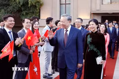 Tổng Bí thư, Chủ tịch nước Tô Lâm và Phu nhân gặp gỡ cán bộ nhân viên đại sứ quán và đại diện cộng đồng người Việt Nam tại Trung Quốc. (Ảnh: Thống Nhất/TTXVN)