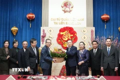 Đại sứ Việt Nam Đặng Minh Khôi và Đại sứ Lào Shiphandone Oybuabuddy cùng cán bộ, nhân viên hai Đại sứ quán hai nước. (Ảnh: Trần Hải/TTXVN)