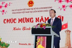 Đại sứ Việt Nam tại Vương quốc Bỉ, Đại công quốc Luxembourg, Trưởng Phái đoàn Việt Nam bên cạnh Liên minh châu Âu Nguyễn Văn Thảo phát biểu tại chương trình. (Ảnh: Hương Giang/TTXVN)