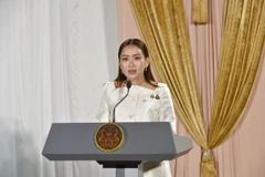 Thủ tướng Thái Lan Paetongtarn Shinawatra tại cuộc họp báo ở Bangkok. (Ảnh: THX/TTXVN)