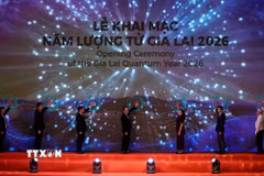 Đại biểu thực hiện nghi thức khai mạc Năm lượng tử Gia Lai 2026. (Ảnh: Đình Quân/TTXVN)