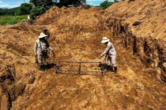 Các kỹ thuật viên Dự án Peace Trees VietNam Quảng Bình rà phá vật liệu nổ tại bến phà Long Đại II. (Ảnh: TTXVN phát)