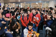Người hâm mộ chào đón các cầu thủ U23 Việt Nam tại sân bay quốc tế Nội bài (Hà Nội). (Ảnh: Minh Quyết/TTXVN)