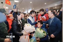 Người hâm mộ chào đón các cầu thủ U23 Việt Nam tại sân bay quốc tế Nội Bài (Hà Nội). (Ảnh: Minh Quyết/TTXVN)