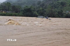 Chiếc xe container vượt ngầm tràn, tài xế bị lũ cuốn trôi mất tích. (Nguồn: TTXVN phát)